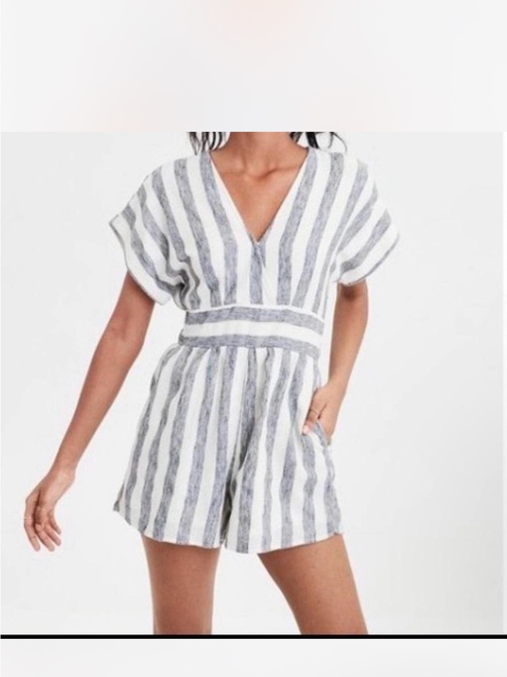 American Eagle Outfitters Striped V-Neck Short Romper - White & Gray